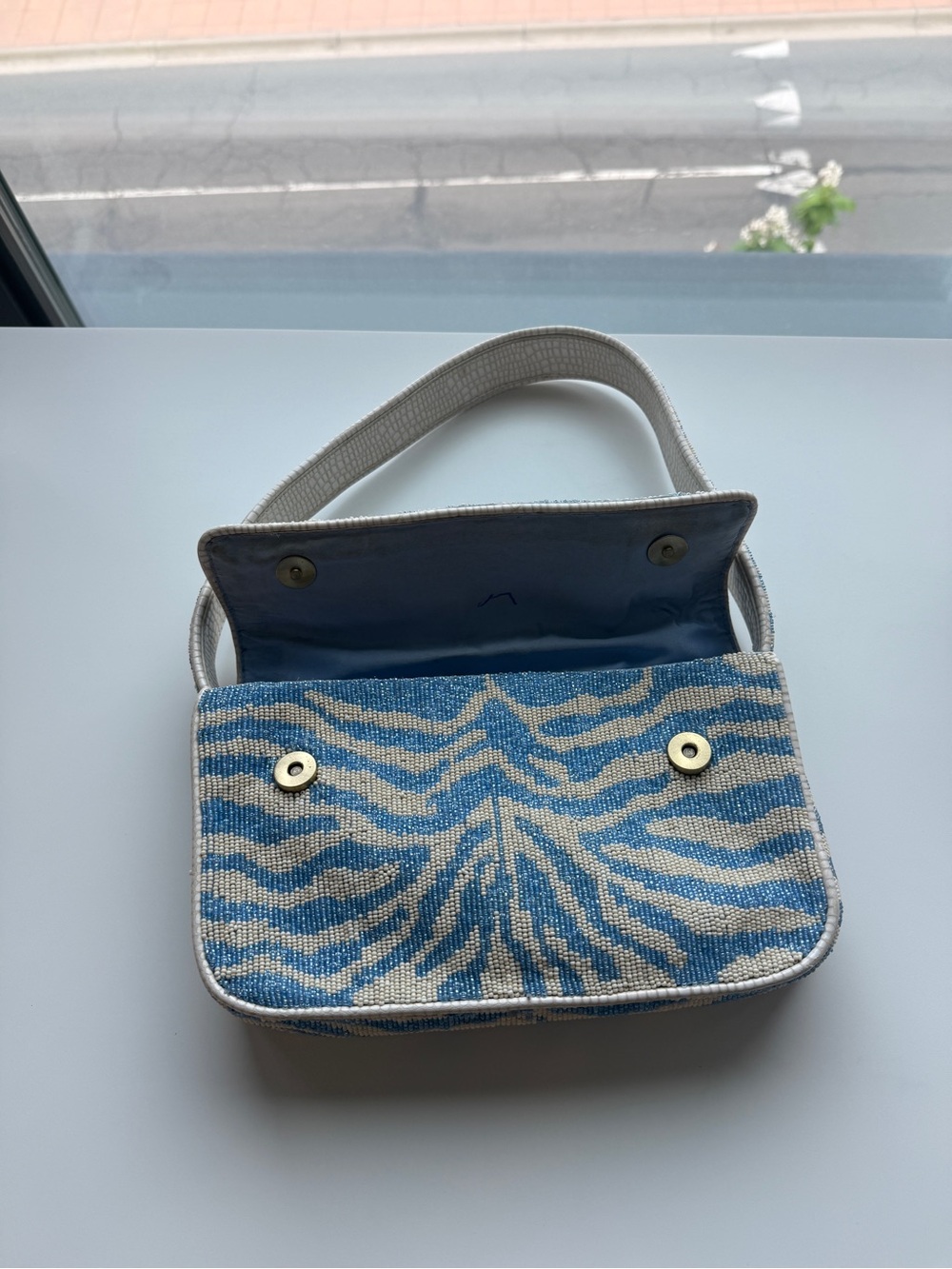 STAUD Blue and Cream Tommy Beaded Zebra-Print Shoulder Bag - Picture 3 of 7